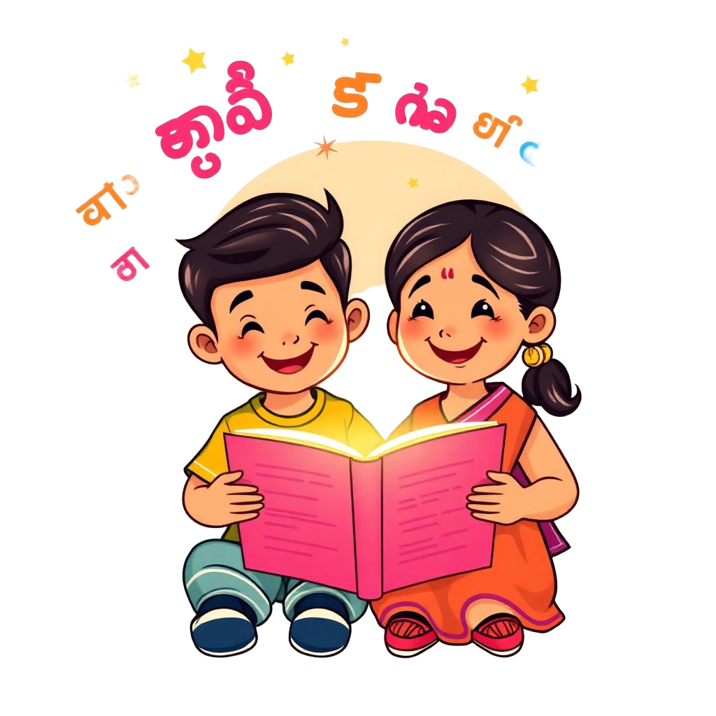 Two cartoon kids reading a Kannada book together